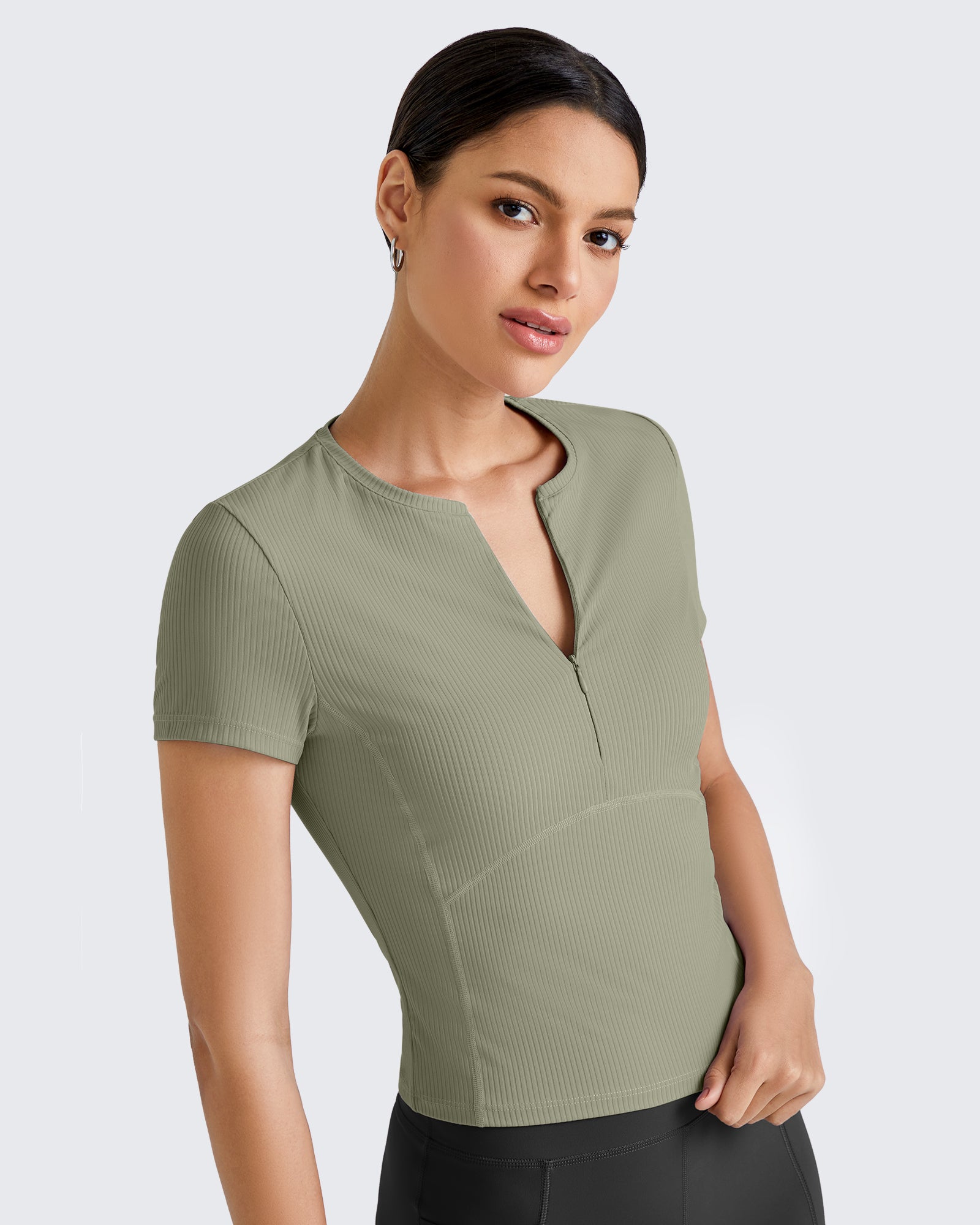 G4free Ribbed Half Zip Slim Work Out Short Sleeve  