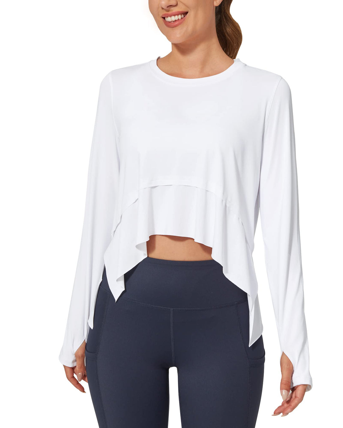 G4Free Activewear Loose Ruffle Long Sleeve Workout Shirts # White