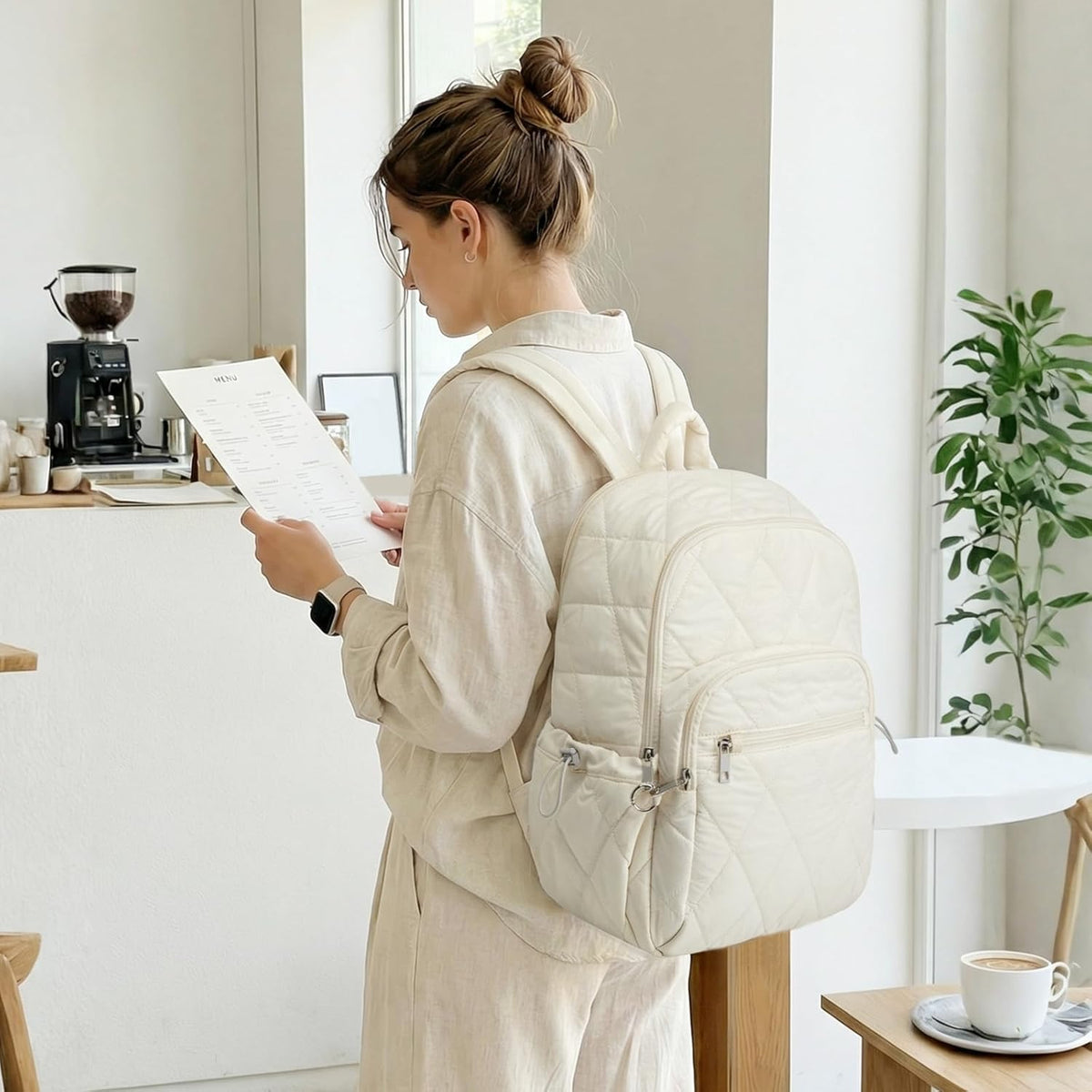 G4Free Small Backpack for Women Puffer Quilted Casual Daypack with Anti-theft Buckle Travel Work(Beige)