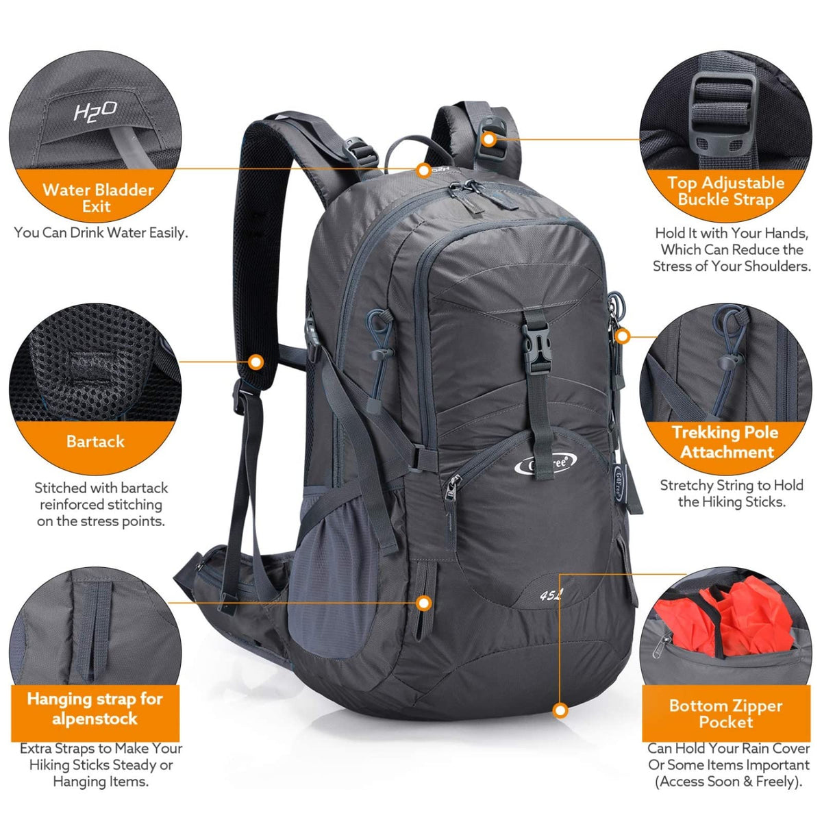 G4Free - G4Free 45L Waterproof Hiking Travel Backpack with Rain Cover -D02V648A-D02V648B-D02V648C-D02V648D