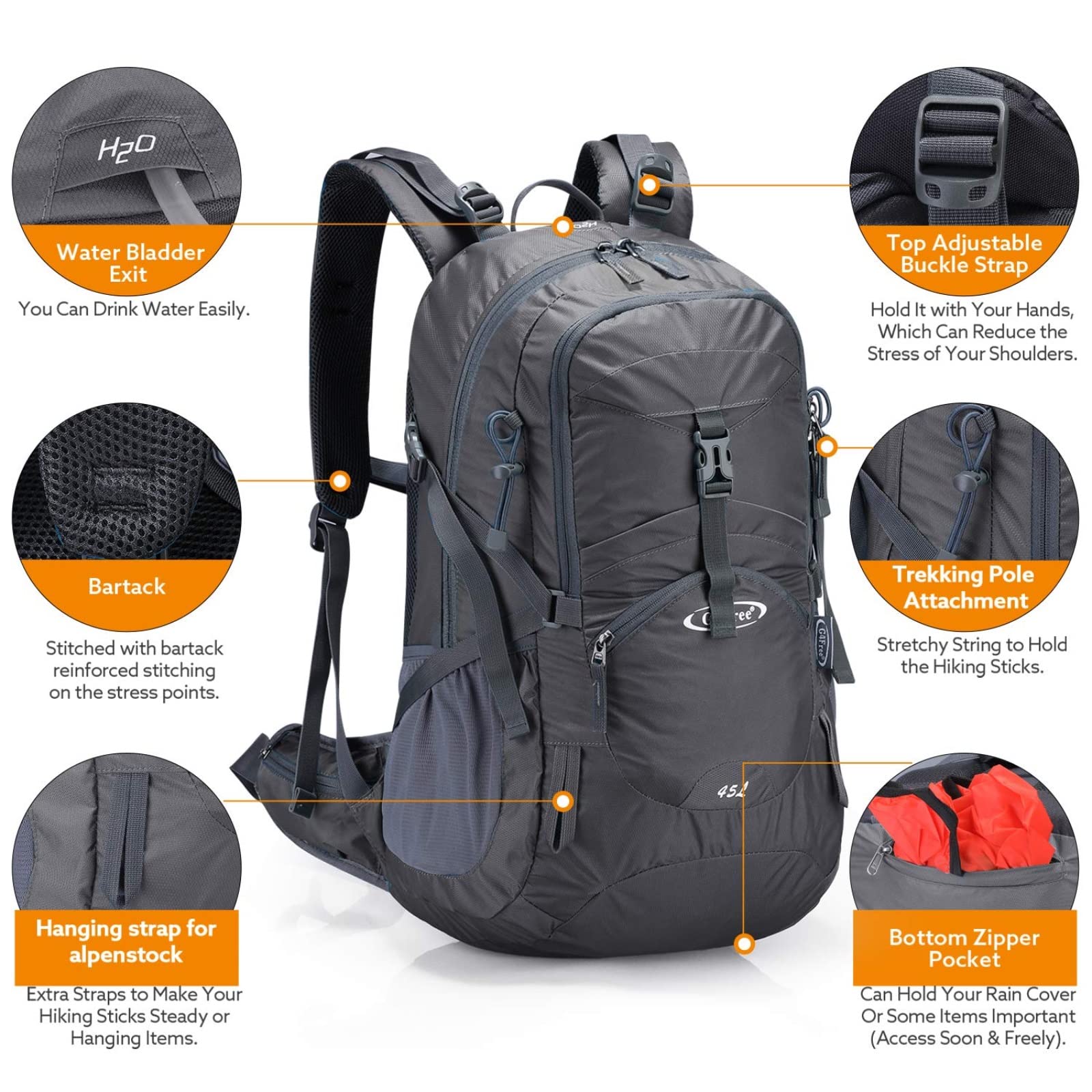 G4Free - G4Free 45L Waterproof Hiking Travel Backpack with Rain Cover -D02V648A-D02V648B-D02V648C-D02V648D