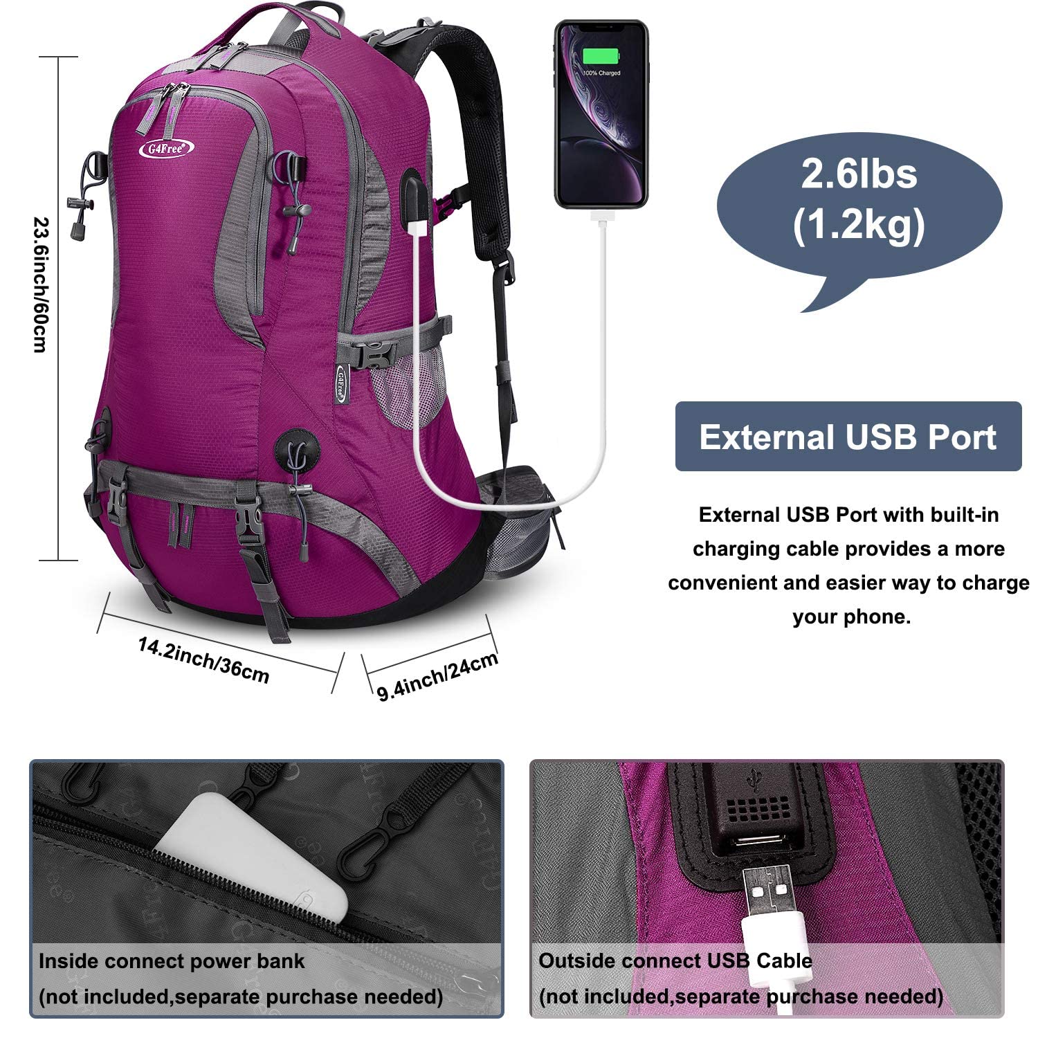 G4Free - G4Free 50L Hiking Backpack with Rain Cover for Men Women -D01V031A-D01V031D-D01V031F-D01V031B-D01V031G