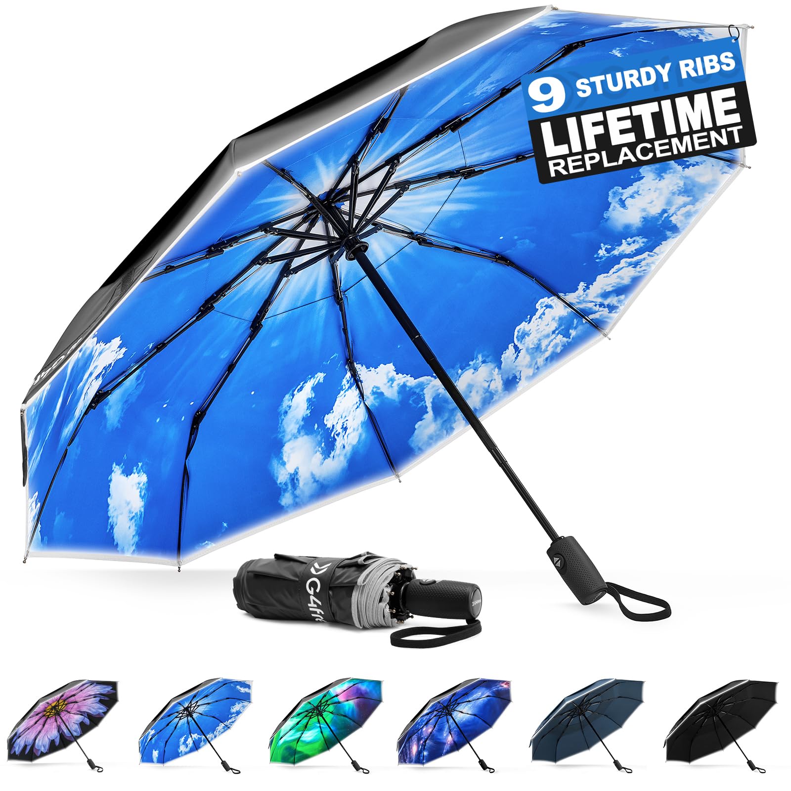 G4Free - G4Free Eco Fiberglass Frame Double Canopy Reflective Strip Auto Folding Umbrella -TN24A423A-TN24A424B-TN24A424A-TN24A424C-TN24A423B