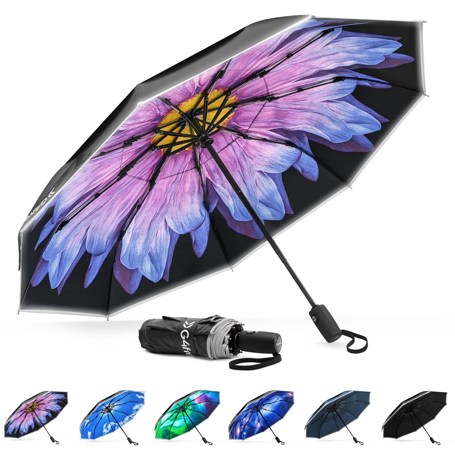 G4Free - G4Free Eco Fiberglass Frame Double Canopy Reflective Strip Auto Folding Umbrella -TN24A423A-TN24A424B-TN24A424A-TN24A424C-TN24A423B