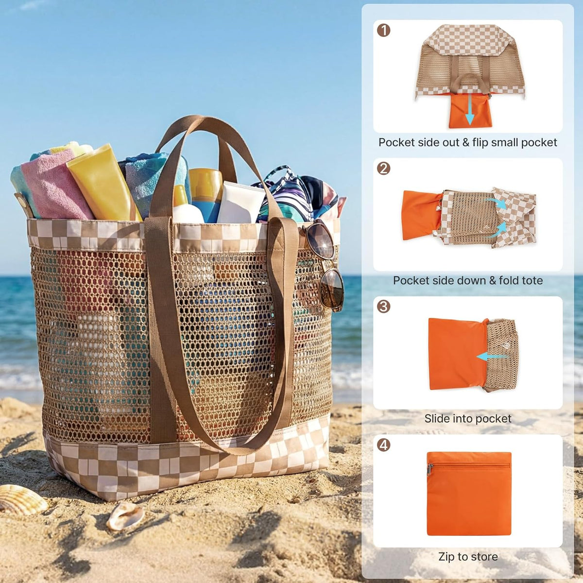 G4Free - G4Free Mesh Beach Tote Bags Extra Large Packable -TN25B599B-TN25B599D-TN25B599A-TN25B599C
