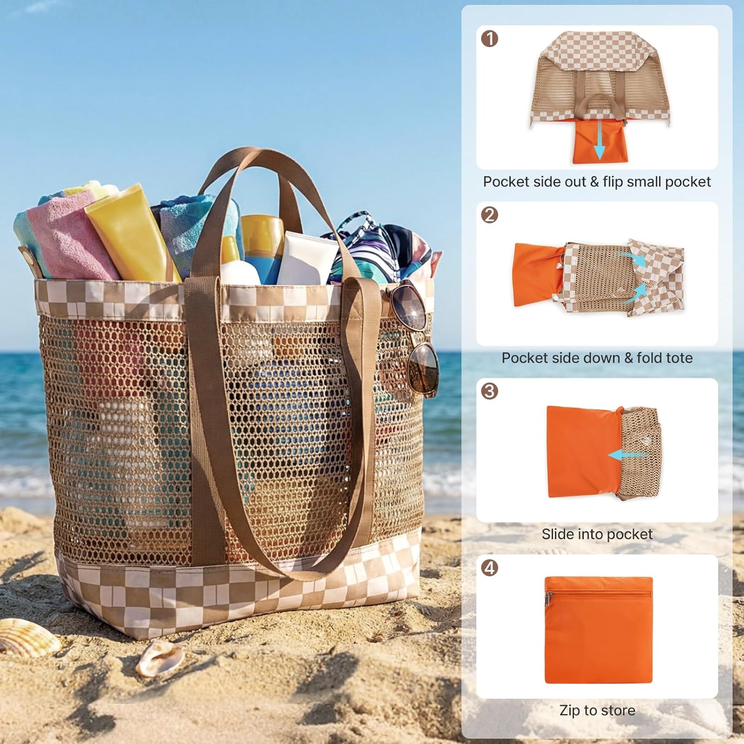 G4Free - G4Free Mesh Beach Tote Bags Extra Large Packable -TN25B599B-TN25B599D-TN25B599A-TN25B599C
