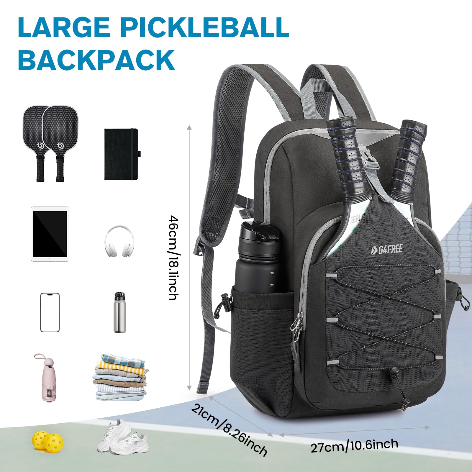 G4Free - G4Free Pickleball Backpack Fits 2 to 4 Paddles -TN23B318C-TN23B318B-TN23B318D-TN23B318E-TN23B318A