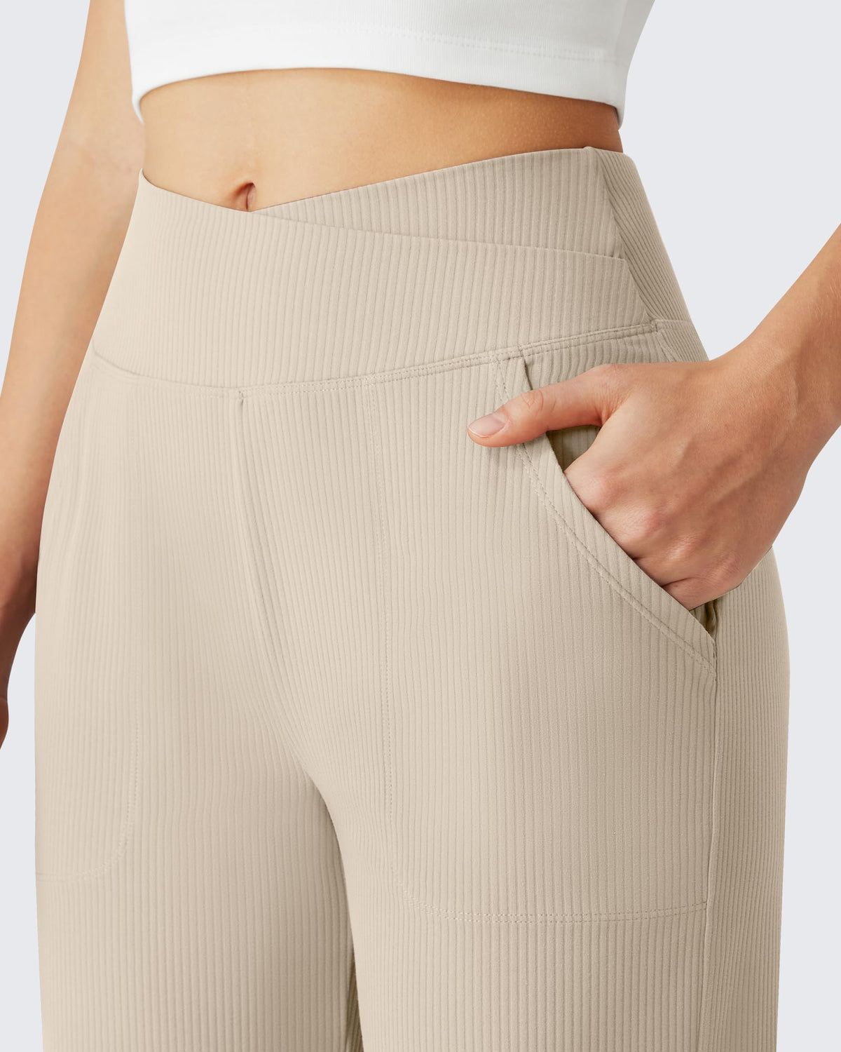 G4Free - G4Free Ribbed 29" Inseam V Waistband Ankle Pants with Pockets -GF26J780A001A-S-GF26J780A001B-M-GF26J780A001C-L-GF26J780A001D-XL-GF26J780A001E-XXL