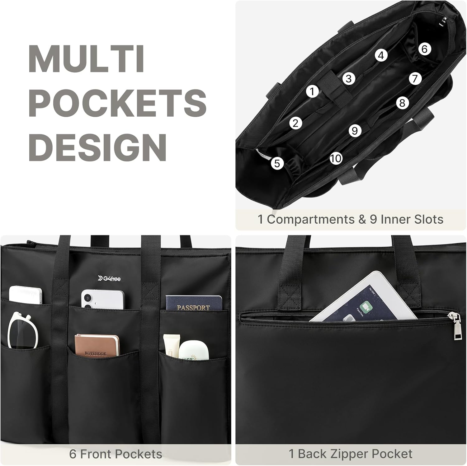 G4Free - G4Free Tote Bag, Multi-Compartment Large Capacity with Zipper Top Handle -TN24B476B-TN24B476A-TN24B476C