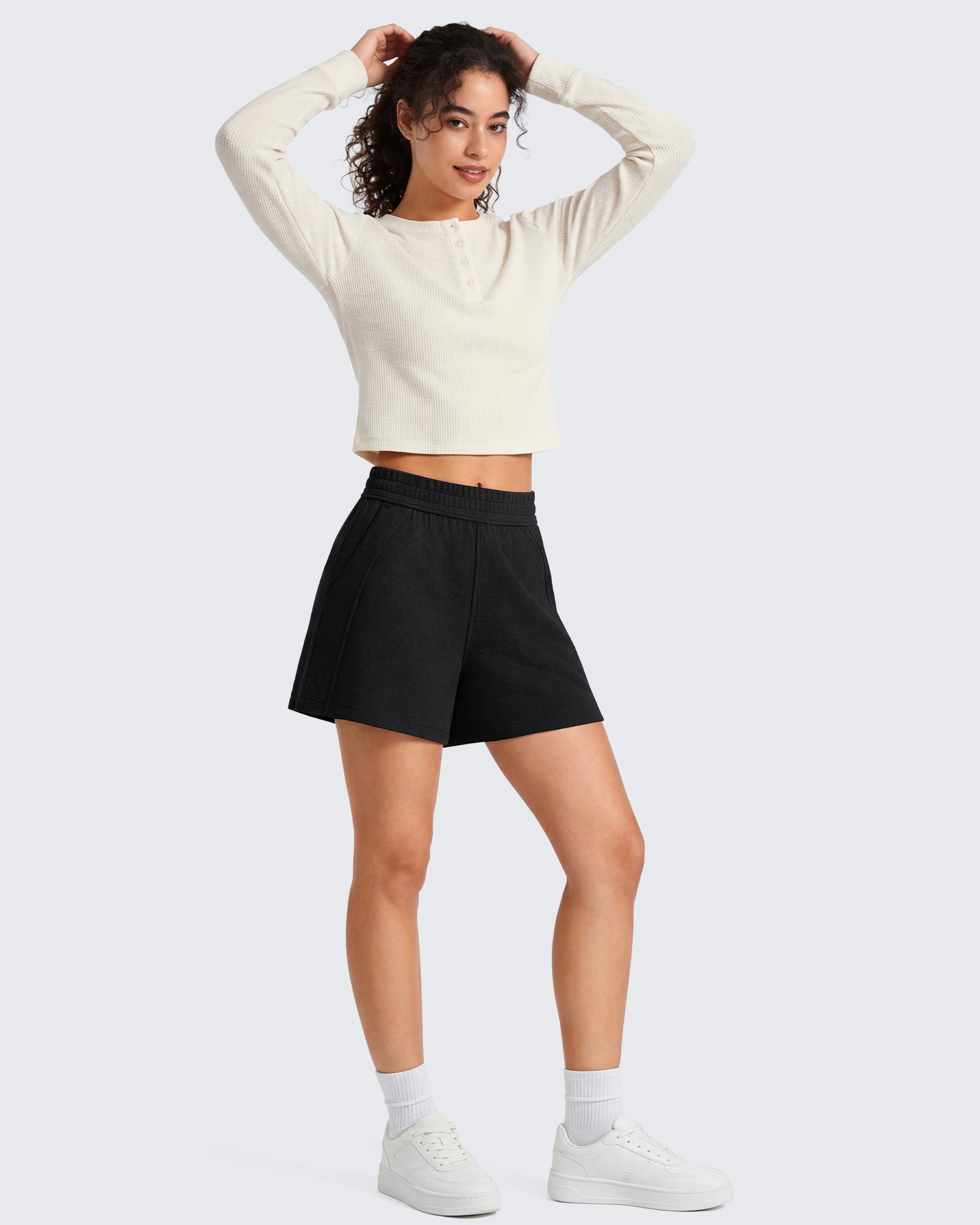 G4Free - G4Free Waffle Knit 4'' High Waisted Shorts with Pockets -GF26E958A001A-S