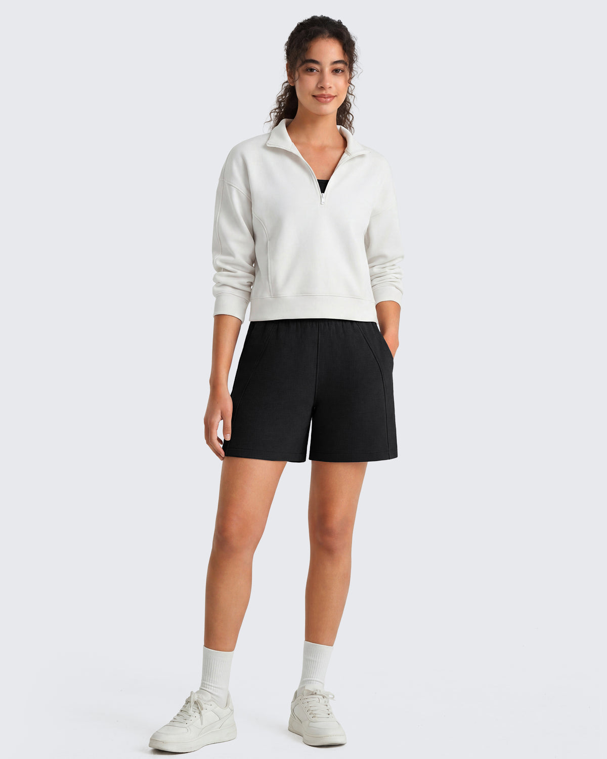 G4Free - G4Free Waffle Knit 4'' High Waisted Shorts with Pockets -GF26E958A001A-S-GF26E958A001B-M-GF26E958A001C-L-GF26E958A001D-XL-GF26E958A001E-XXL