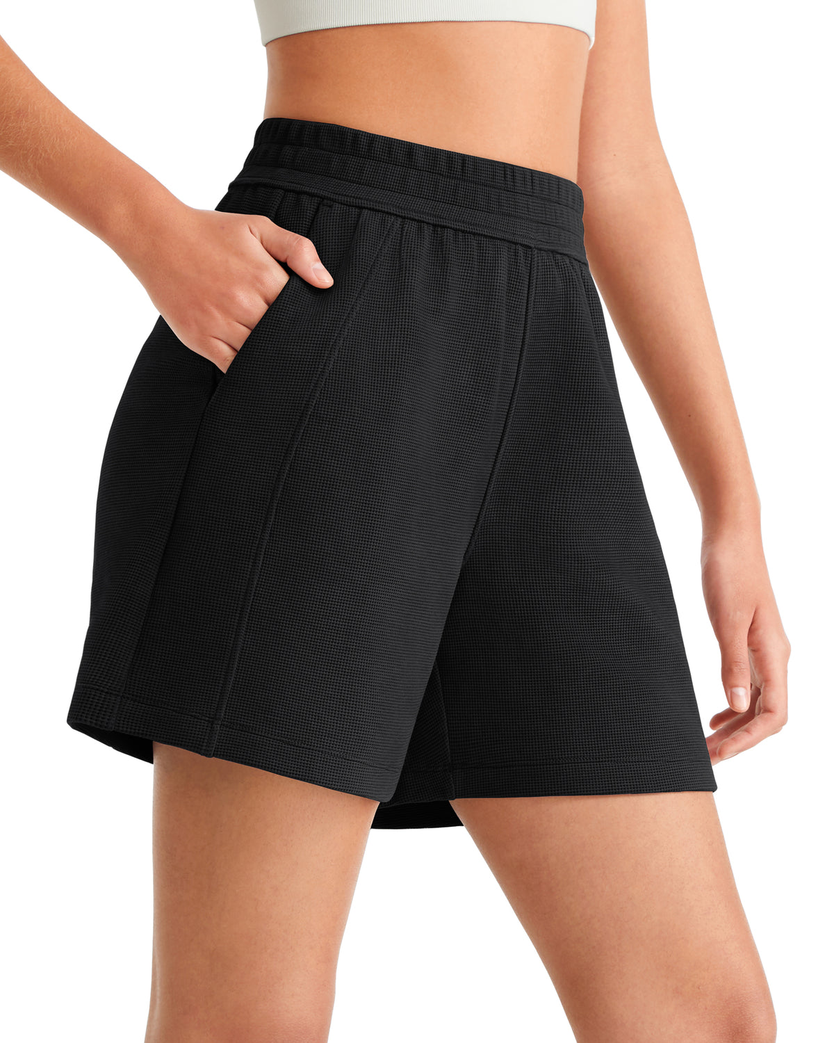 G4Free - G4Free Waffle Knit 4'' High Waisted Shorts with Pockets -GF26E958A001A-S-GF26E958A001B-M-GF26E958A001C-L-GF26E958A001D-XL-GF26E958A001E-XXL
