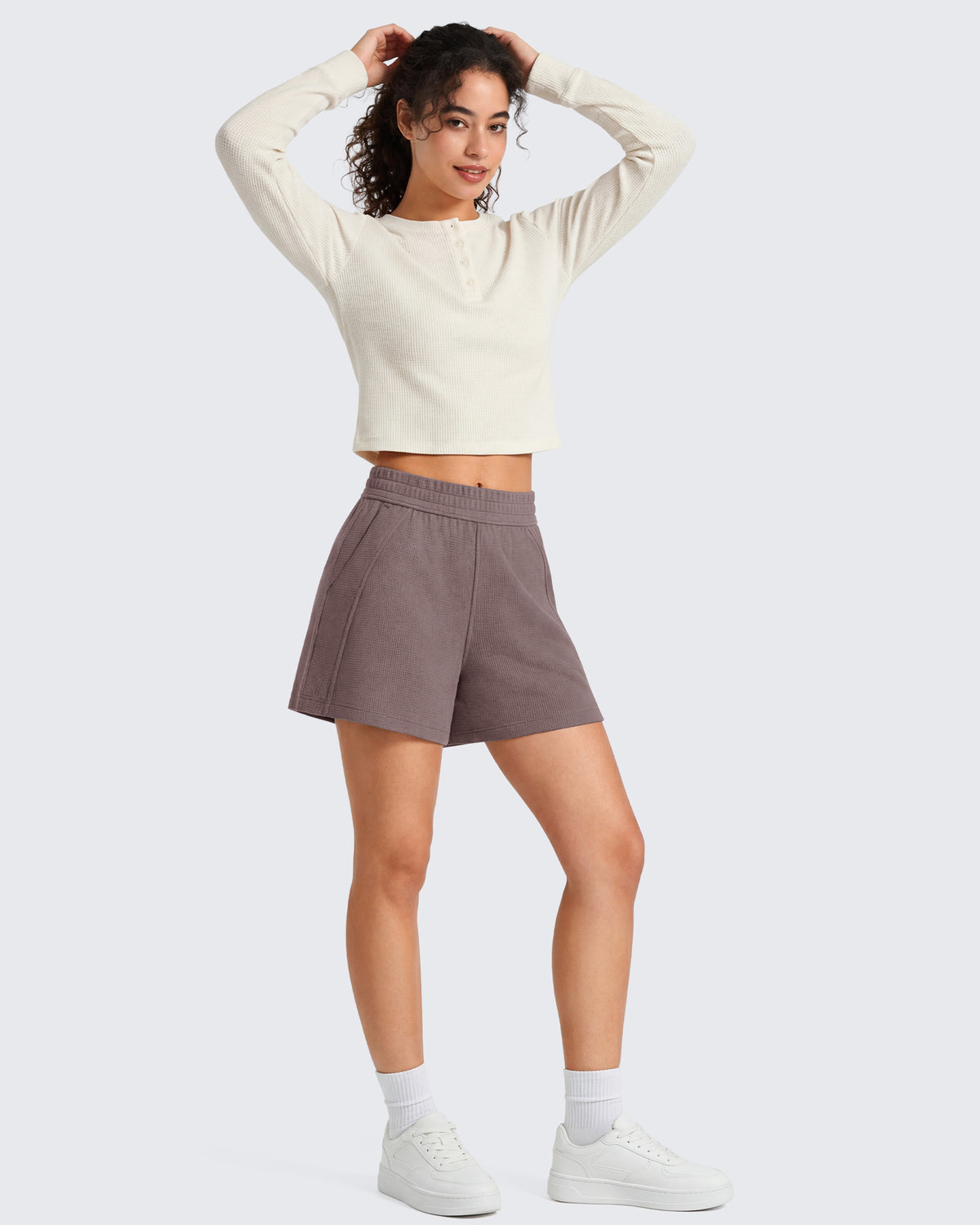 G4Free - G4Free Waffle Knit 4'' High Waisted Shorts with Pockets -GF26E958A001A-S-GF26E958A001B-M-GF26E958A001C-L-GF26E958A001D-XL-GF26E958A001E-XXL