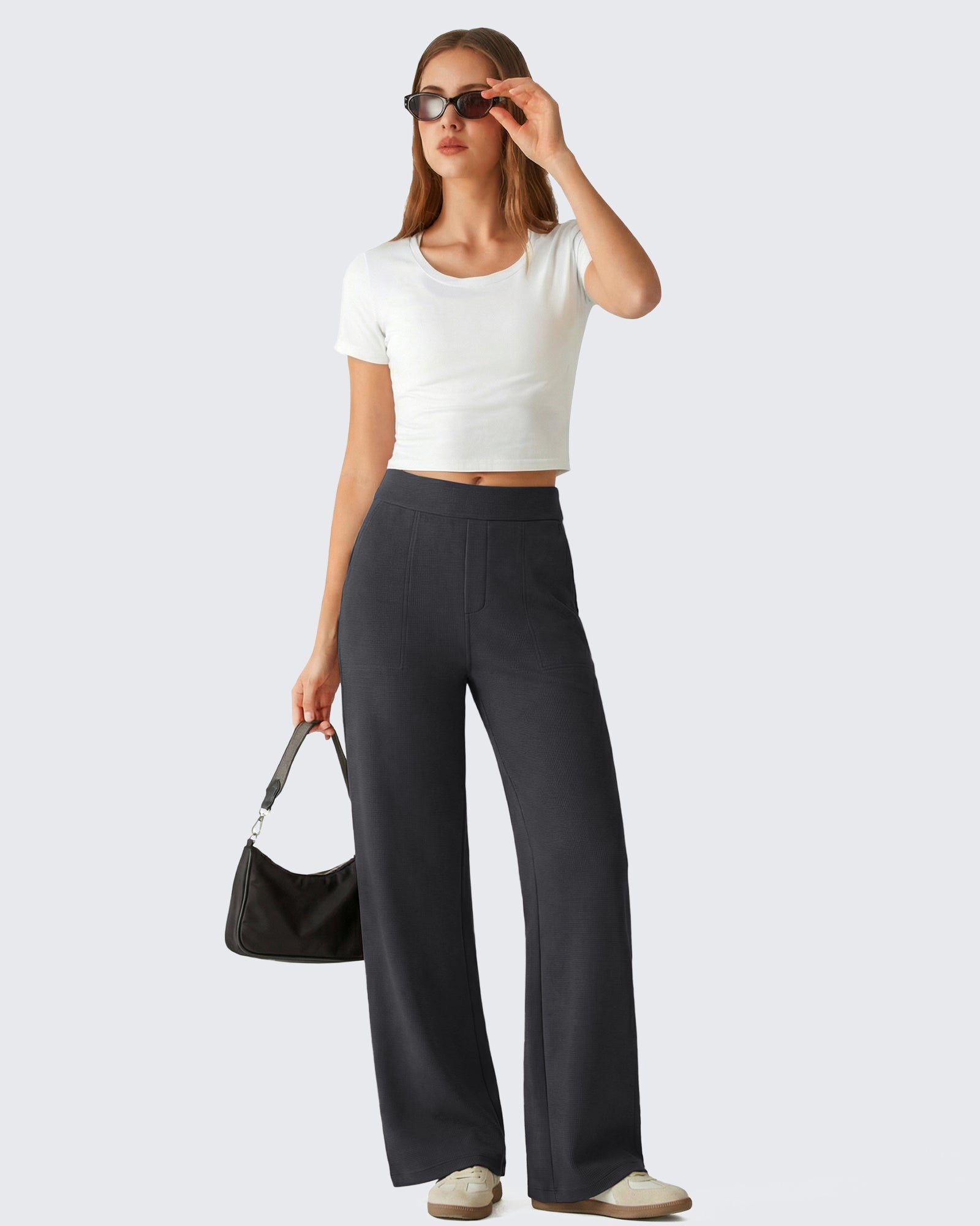 G4Free - G4Free Waffle Wide Leg Pull On Dress Pants High Waisted Stretchy -GF26J871A001A-S-GF26J871A001B-M-GF26J871A001C-L-GF26J871A001D-XL-GF26J871A001E-XXL