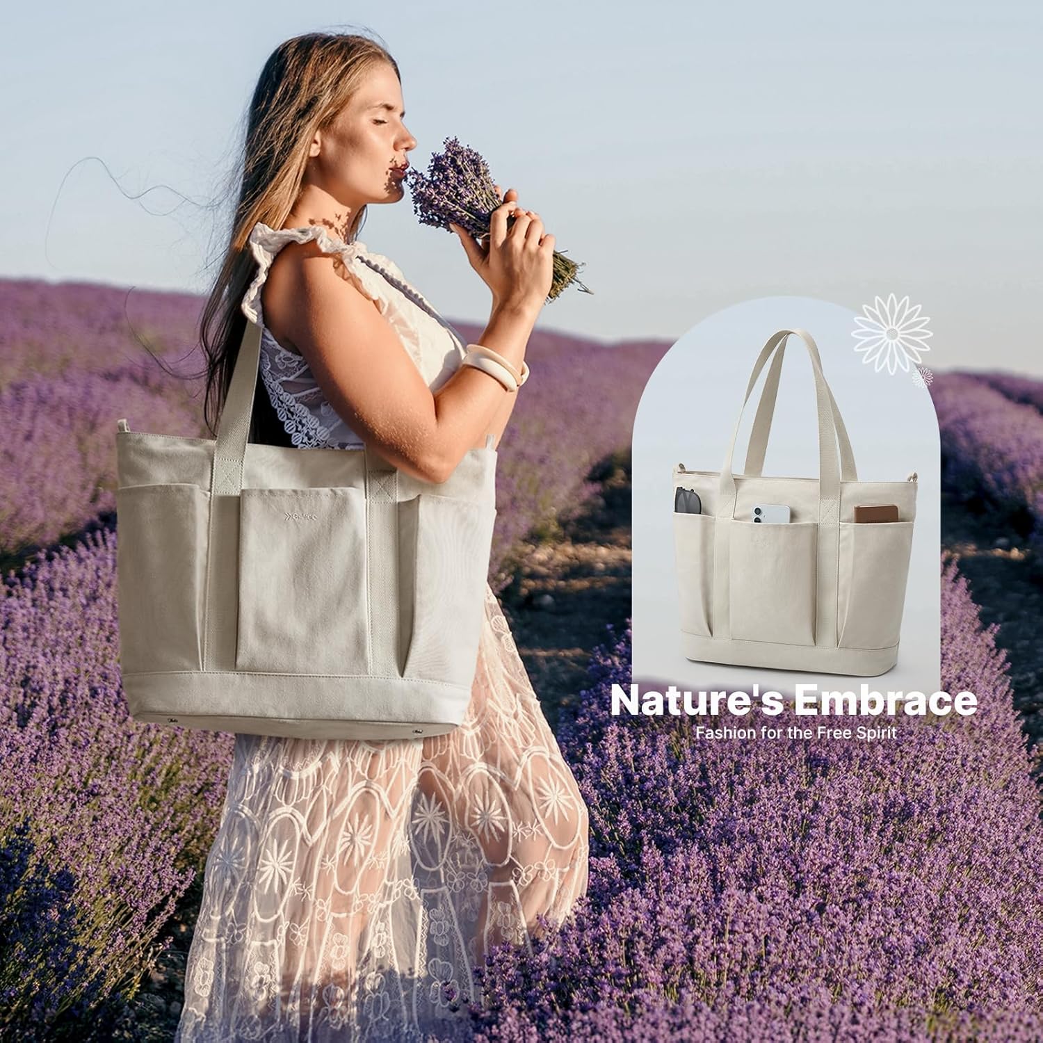 G4Free - G4free Large Zipper Canvas Tote Bag With Laptop Sleeve -TN24B474B-TN24B474C-TN24B474A