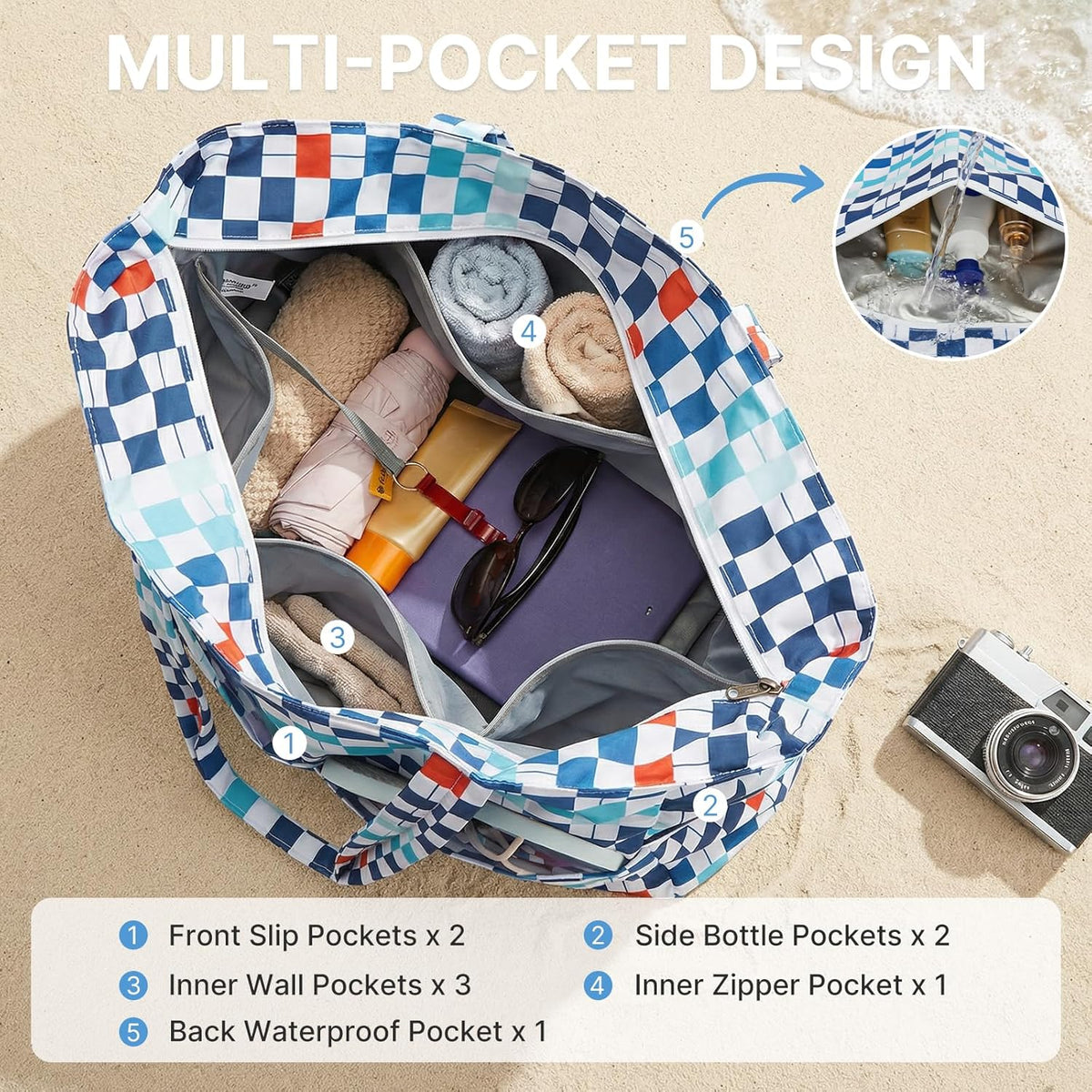 G4Free - Large Foldable Waterproof Sandproof Beach Tote Bag with Zipper -TN25B596D-TN25B596B-TN25B596C-TN25B596A