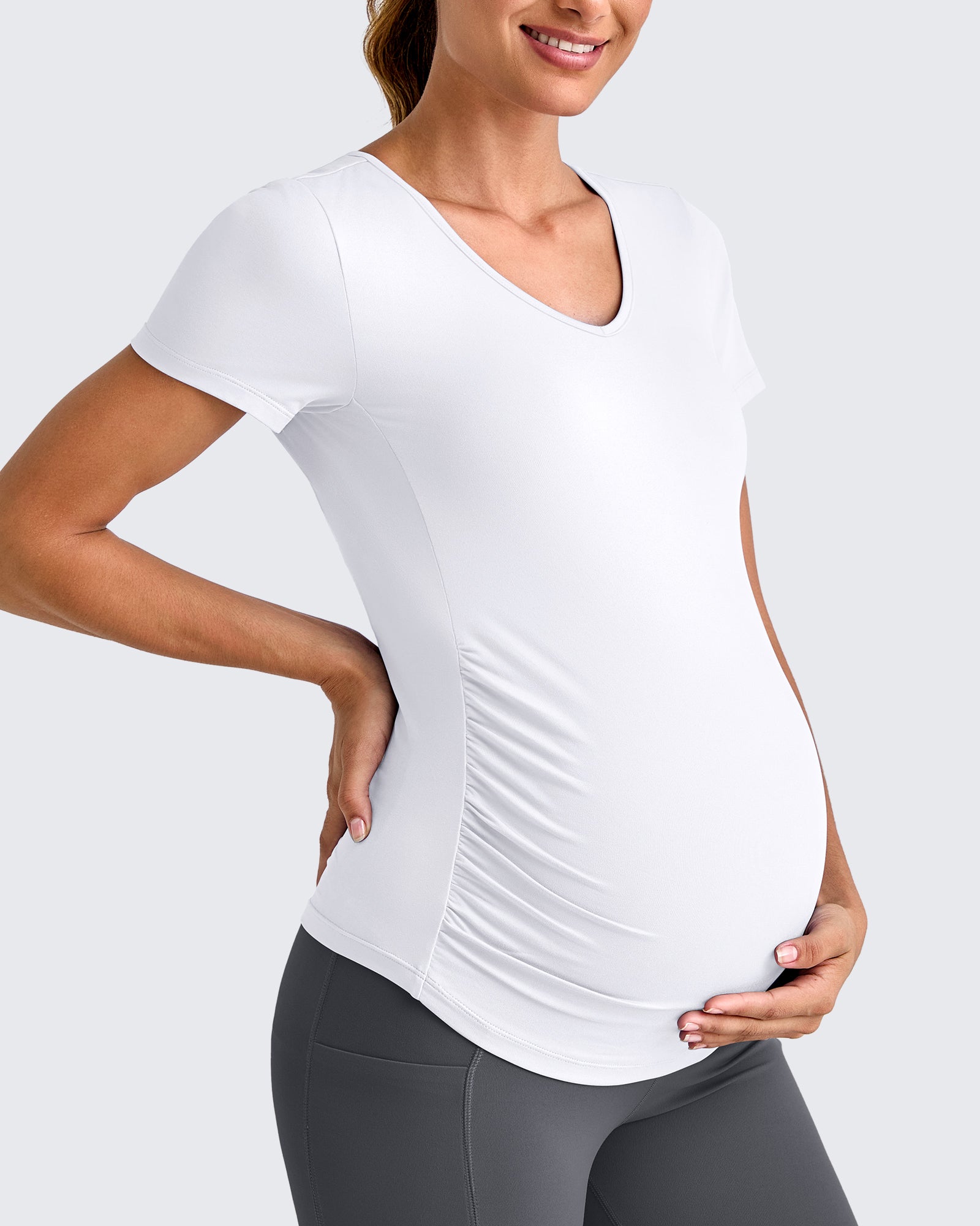 G4Free - Lightweight V Neck Side Ruched Maternity Short Sleeve -GF25KY453BA-S-GF25KY453BB-M-GF25KY453BC-L-GF25KY453BD-XL-GF25KY453BE-XXL
