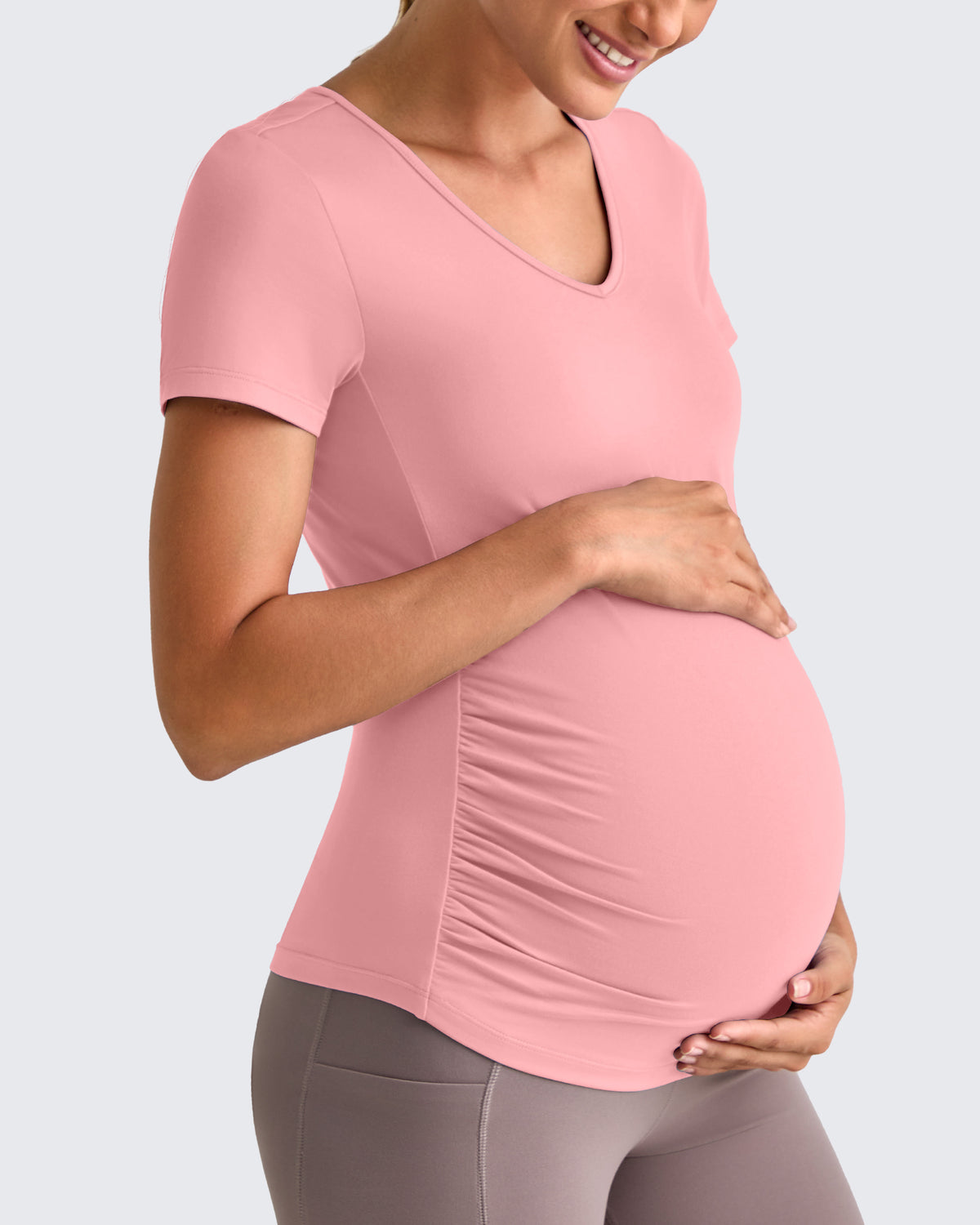 G4Free - Lightweight V Neck Side Ruched Maternity Short Sleeve -GF25KY453BA-S-GF25KY453BB-M-GF25KY453BC-L-GF25KY453BD-XL-GF25KY453BE-XXL