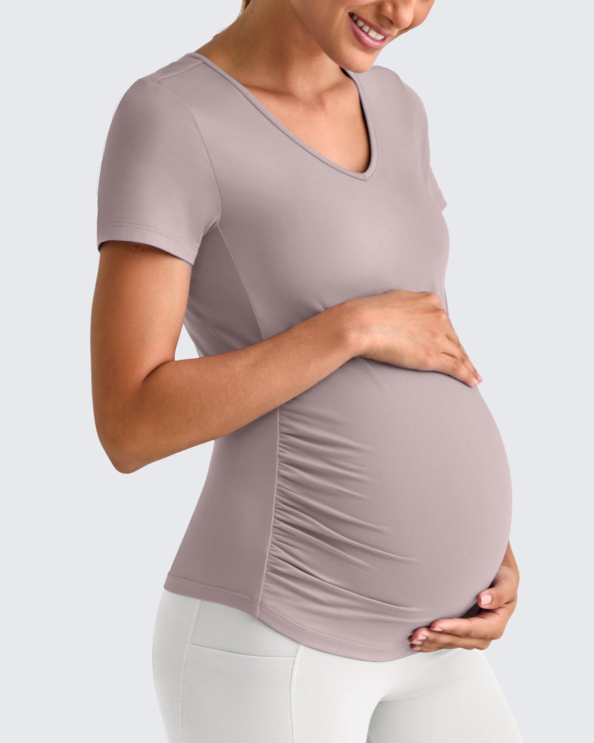 G4Free - Lightweight V Neck Side Ruched Maternity Short Sleeve -GF25KY453BA-S-GF25KY453BB-M-GF25KY453BC-L-GF25KY453BD-XL-GF25KY453BE-XXL