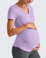 G4Free - Lightweight V Neck Side Ruched Maternity Short Sleeve -GF25KY453BA-S-GF25KY453BB-M-GF25KY453BC-L-GF25KY453BD-XL-GF25KY453BE-XXL