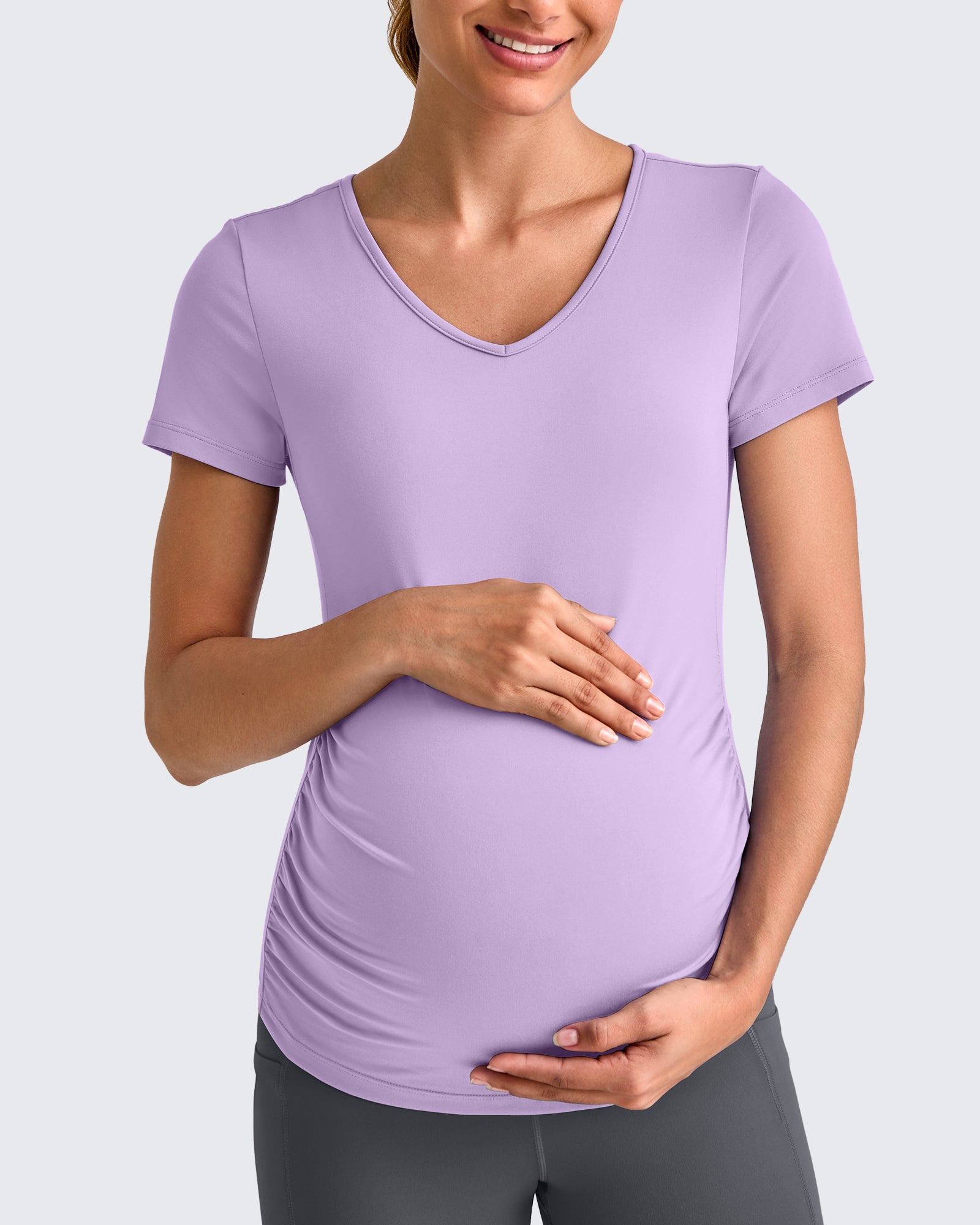 G4Free - Lightweight V Neck Side Ruched Maternity Short Sleeve -GF25KY453BA-S-GF25KY453BB-M-GF25KY453BC-L-GF25KY453BD-XL-GF25KY453BE-XXL