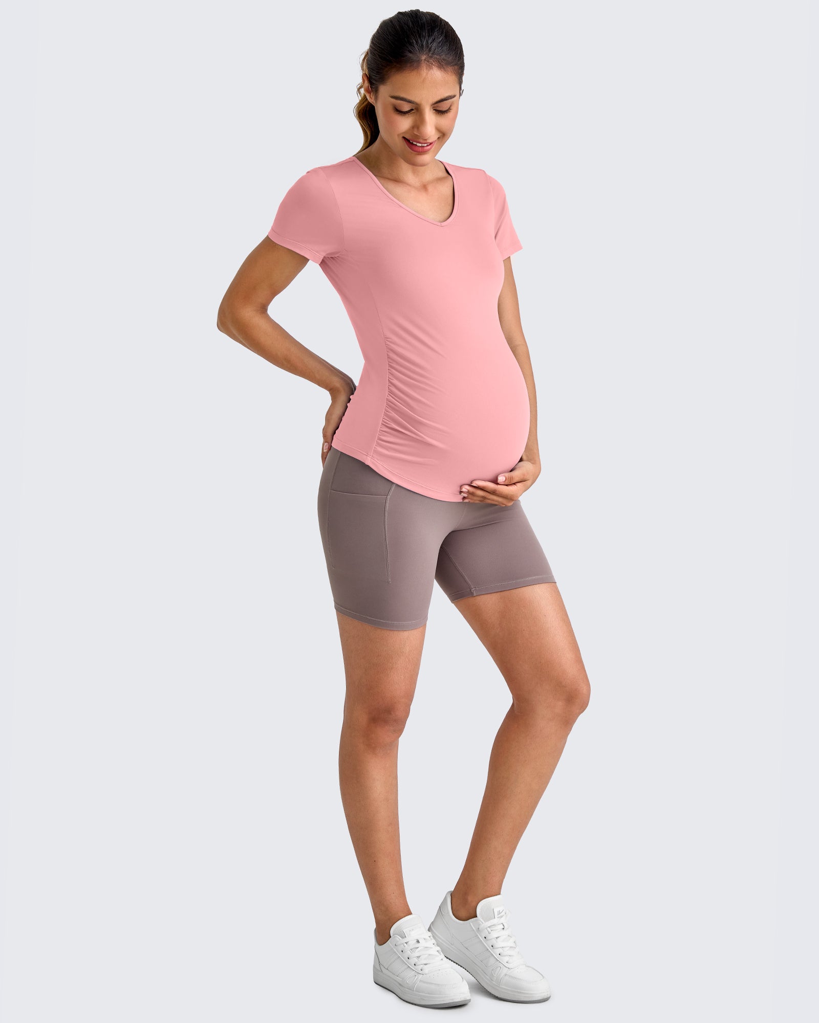 G4Free - Lightweight V Neck Side Ruched Maternity Short Sleeve -GF25KY453BA-S-GF25KY453BB-M-GF25KY453BC-L-GF25KY453BD-XL-GF25KY453BE-XXL