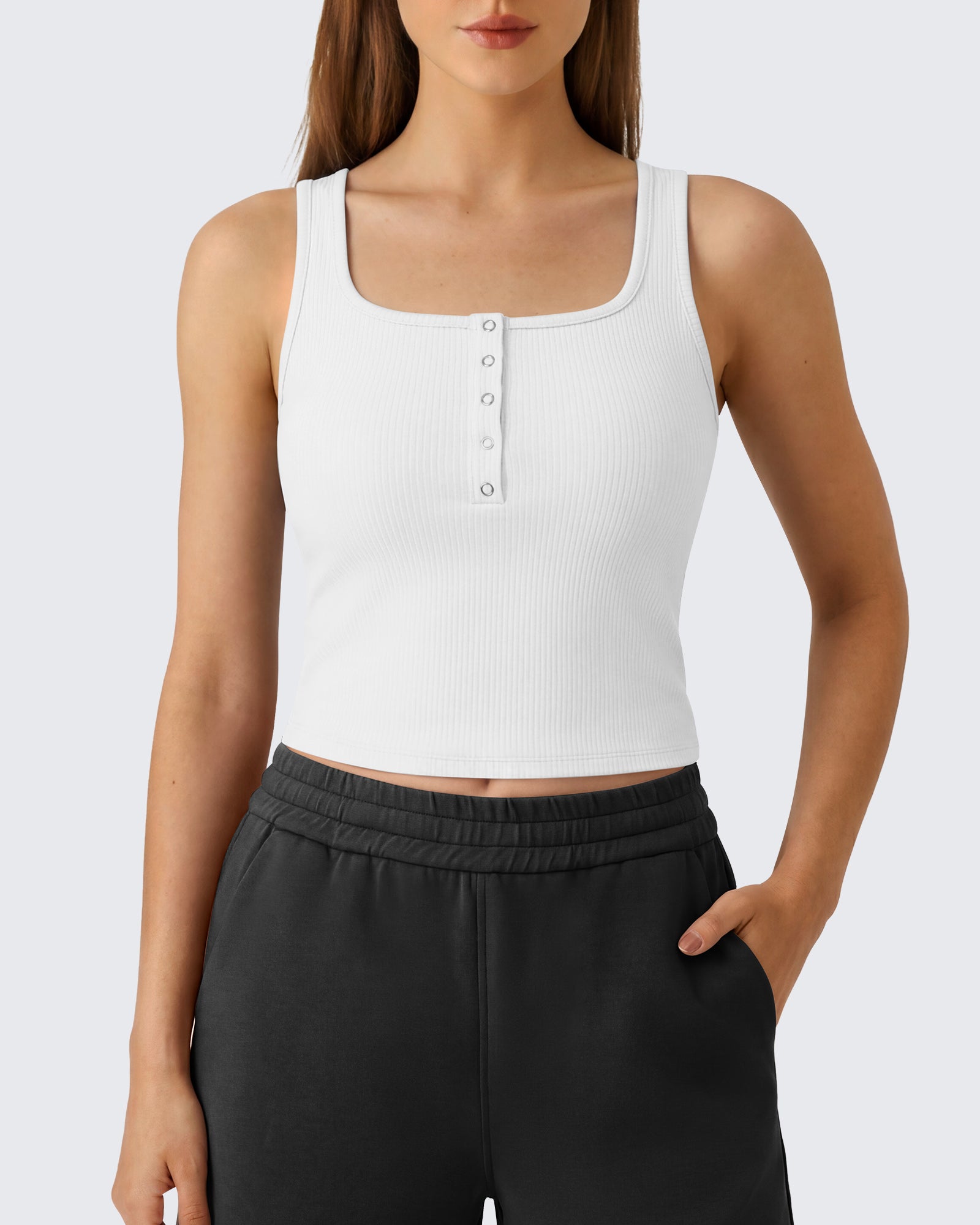 G4Free - Neck Sleeveless Crop Tops G4Free Ribbed Cropped Henley Tank Top -GF26L979A001F-XS