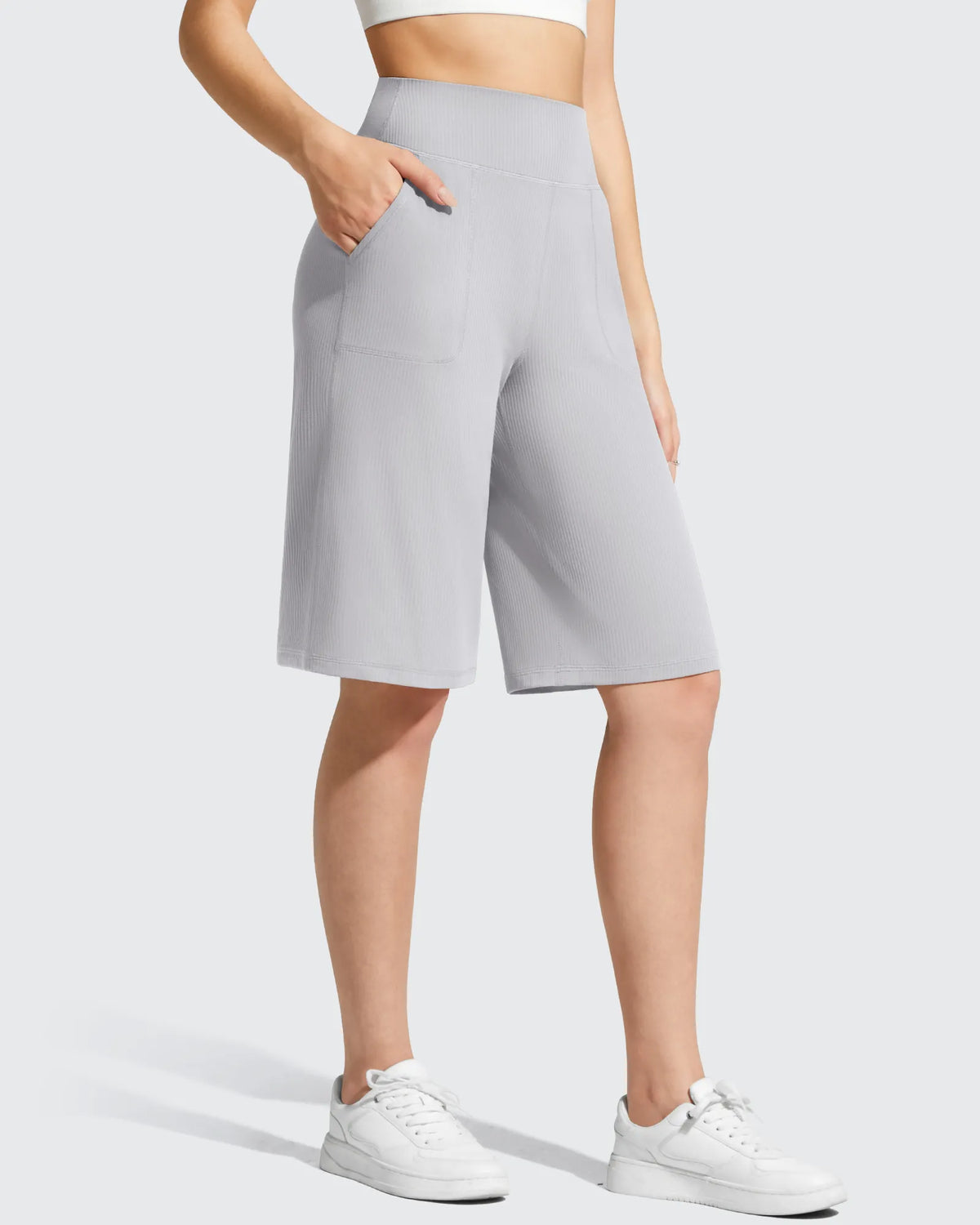 G4Free - Ribbed Bermuda High-Waist Knee Length Shorts 11'' -GF26E763A001F-XS-GF26E763A001A-S-GF26E763A001B-M-GF26E763A001C-L-GF26E763A001D-XL