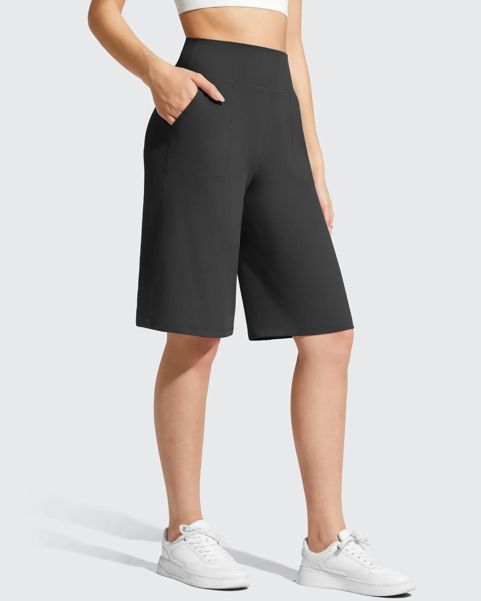 G4Free - Ribbed Bermuda High-Waist Knee Length Shorts 11'' -GF26E763A001F-XS-GF26E763A001A-S-GF26E763A001B-M-GF26E763A001C-L-GF26E763A001D-XL