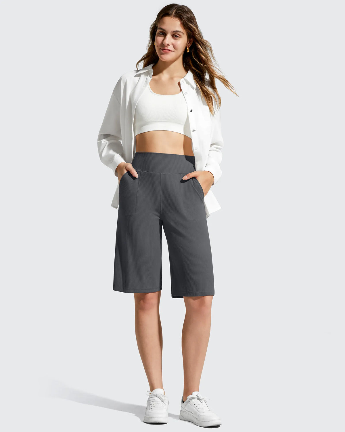 G4Free - Ribbed Bermuda High-Waist Knee Length Shorts 11'' -GF26E763A001F-XS-GF26E763A001A-S-GF26E763A001B-M-GF26E763A001C-L-GF26E763A001D-XL