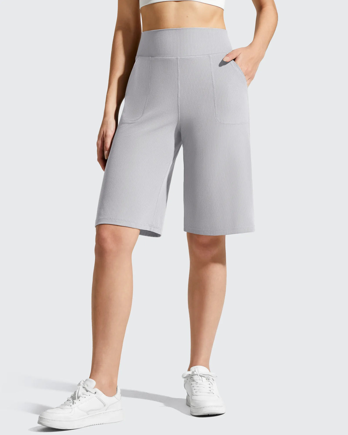 G4Free - Ribbed Bermuda High-Waist Knee Length Shorts 11'' -GF26E763A001F-XS-GF26E763A001A-S-GF26E763A001B-M-GF26E763A001C-L-GF26E763A001D-XL