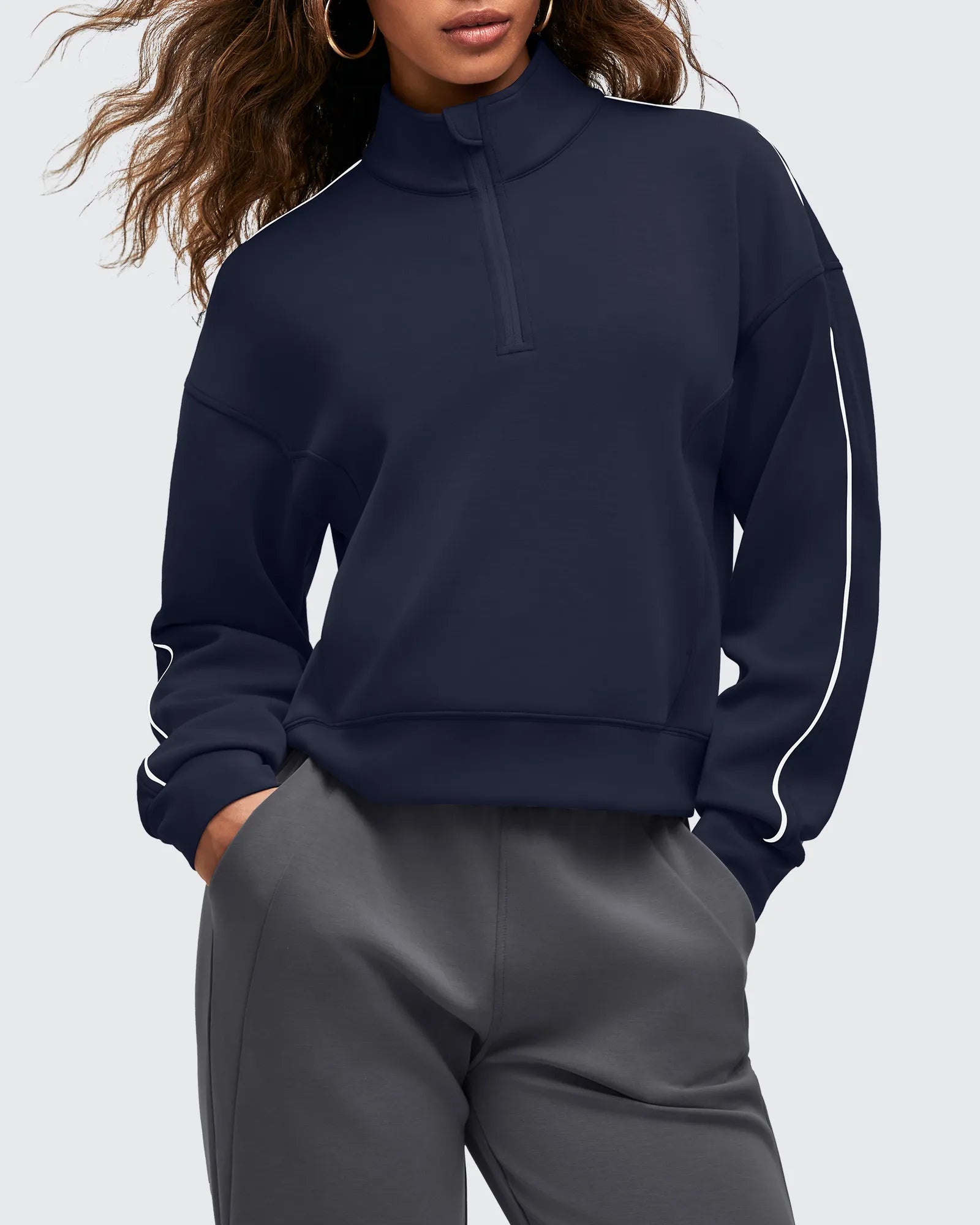G4Free - Smoofit Half-Zip White Piping Mock Neck Pullover Sweatshirts -GF25F557AF-XS