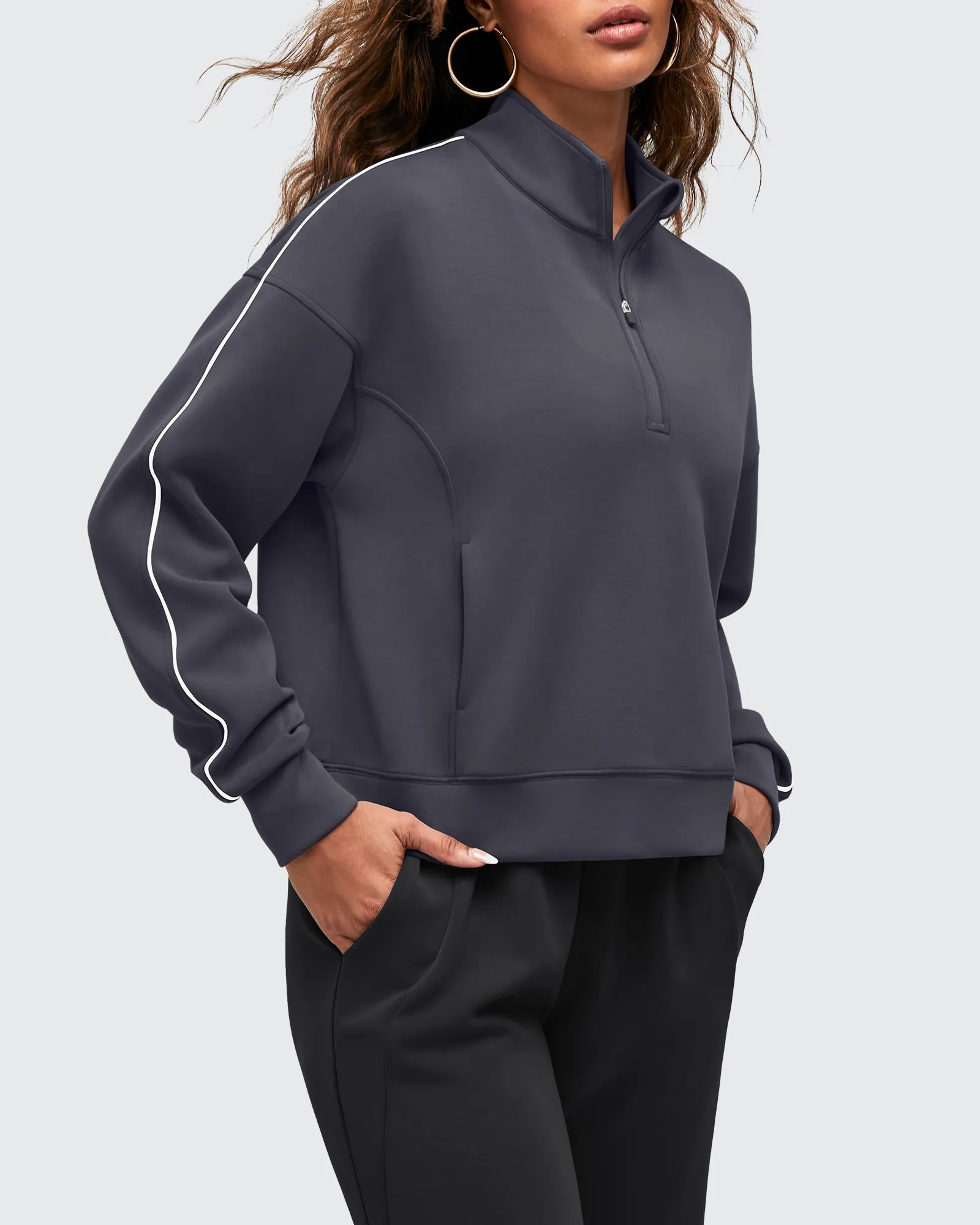 G4Free - Smoofit Half-Zip White Piping Mock Neck Pullover Sweatshirts -GF25F557AF-XS-GF25F557AA-S-GF25F557AB-M-GF25F557AC-L-GF25F557AD-XL
