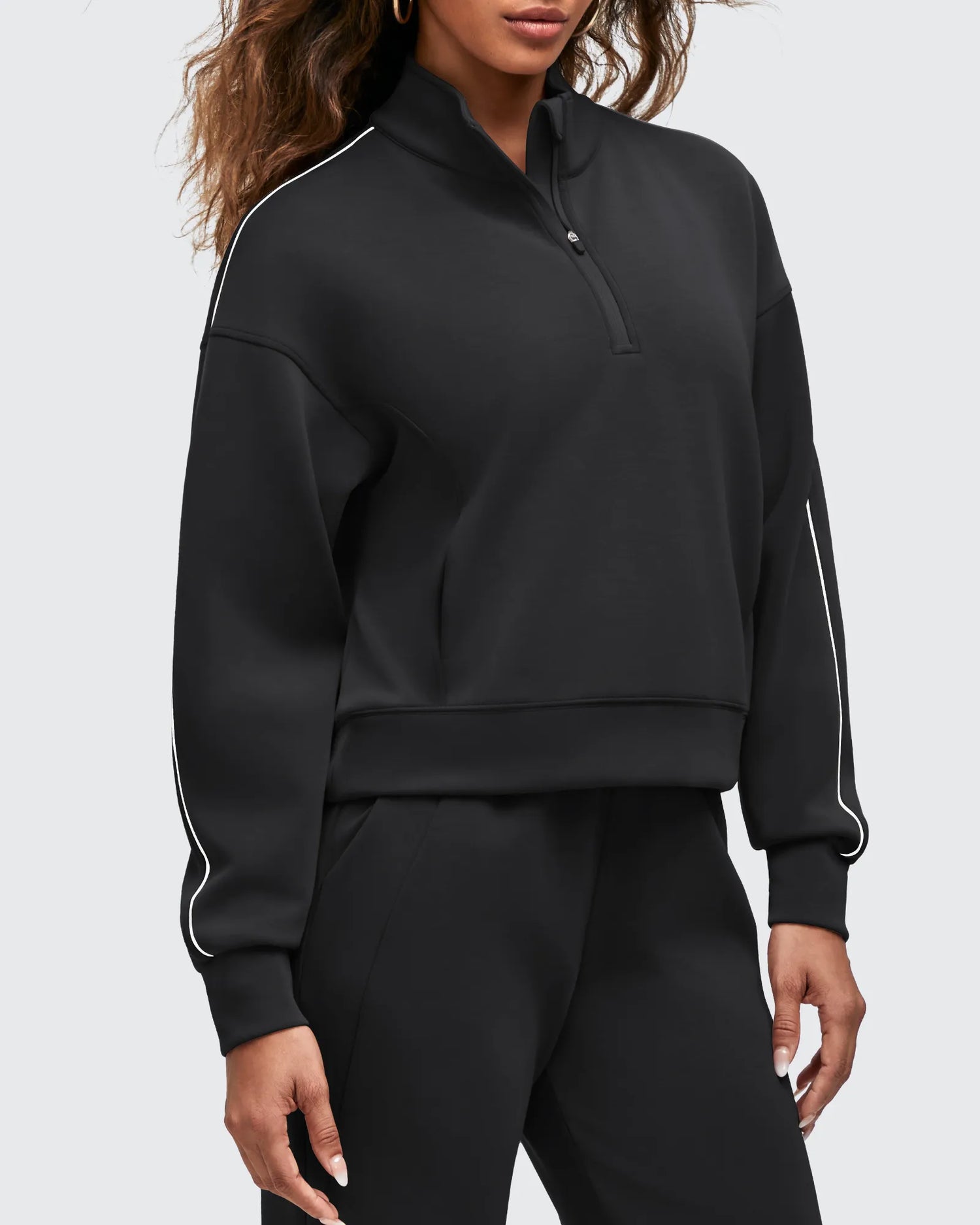 G4Free - Smoofit Half-Zip White Piping Mock Neck Pullover Sweatshirts -GF25F557AF-XS-GF25F557AA-S-GF25F557AB-M-GF25F557AC-L-GF25F557AD-XL