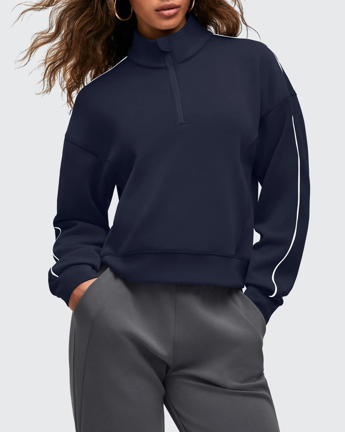 G4Free - Smoofit Half-Zip White Piping Mock Neck Pullover Sweatshirts -GF25F557CF-XS