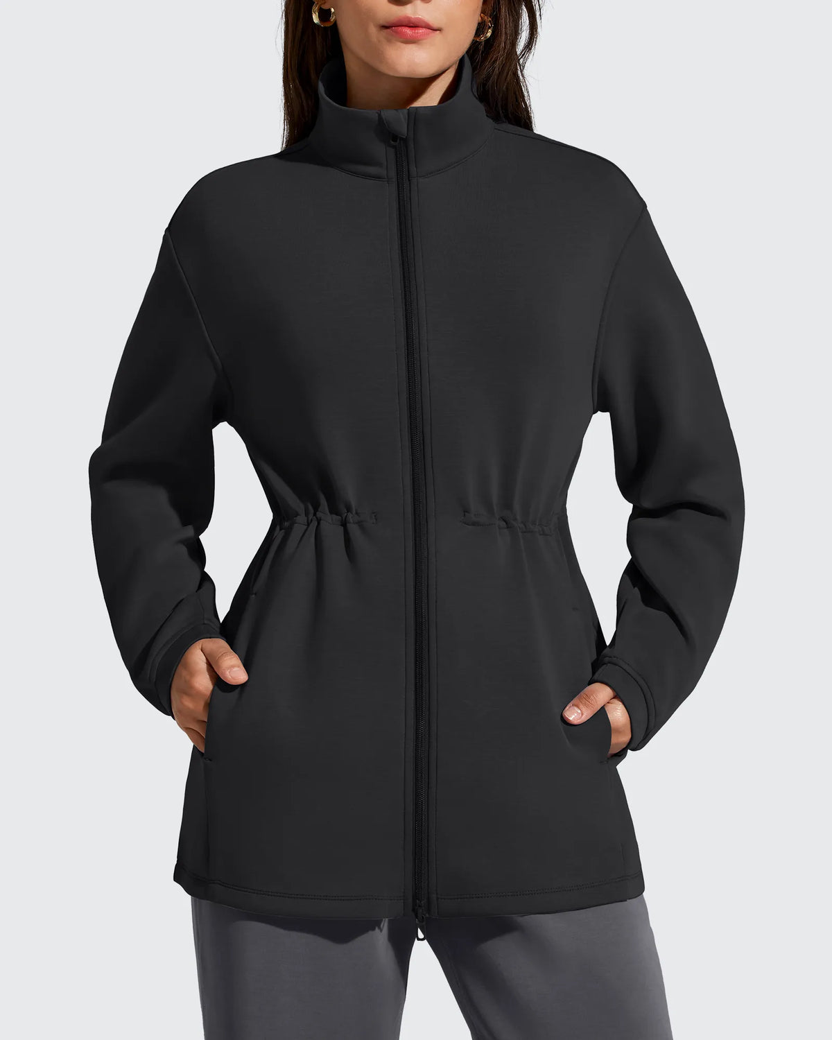 G4Free - Smoofit Zip Up Pockets Long Cinch Waist Jackets -GF25M738DA-S