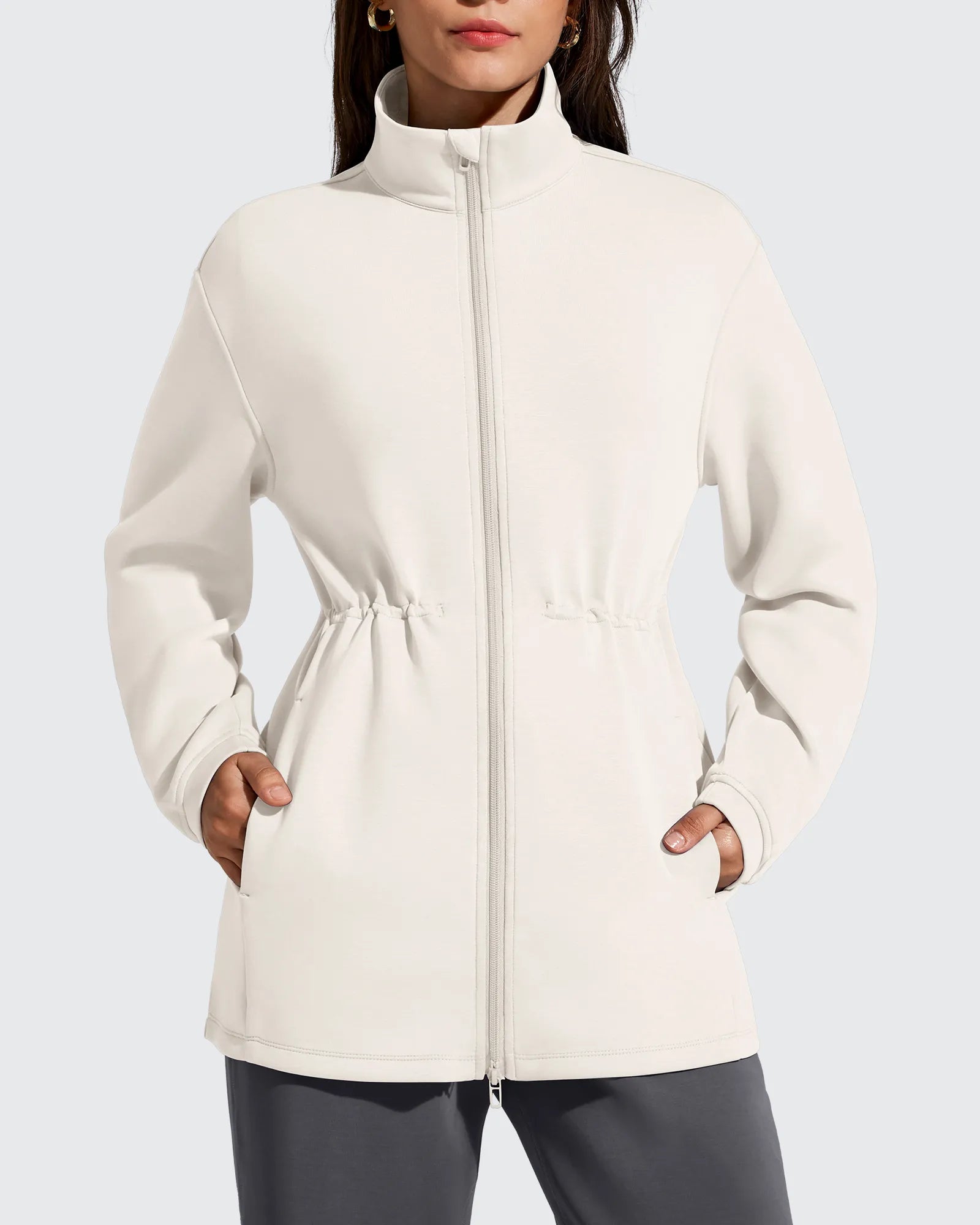 G4Free - Smoofit Zip Up Pockets Long Cinch Waist Jackets -GF25M738DA-S