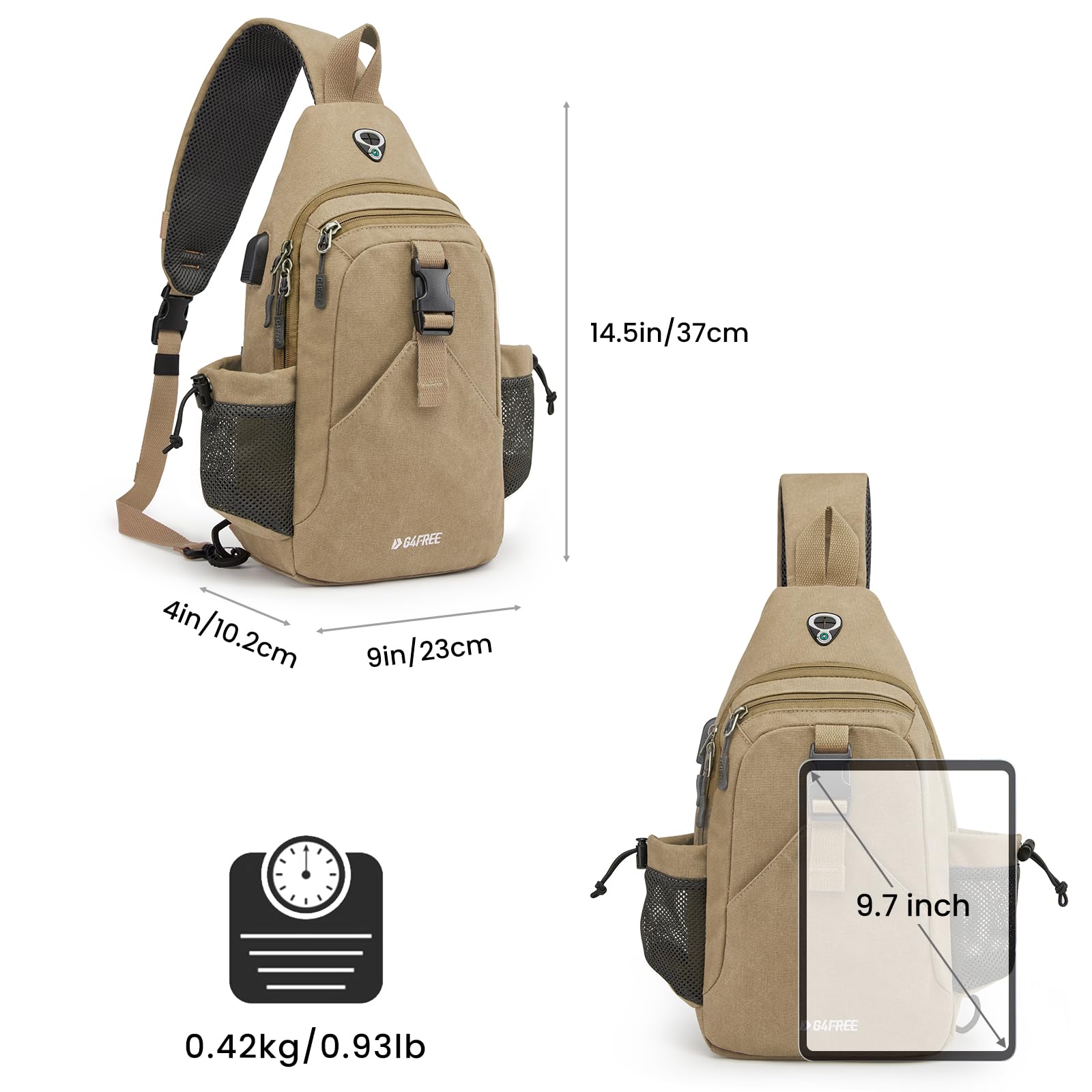 G4Free G4Free Canvas Sling Bag Crossbody Backpack with USB Charging Port & RFID Blocking 