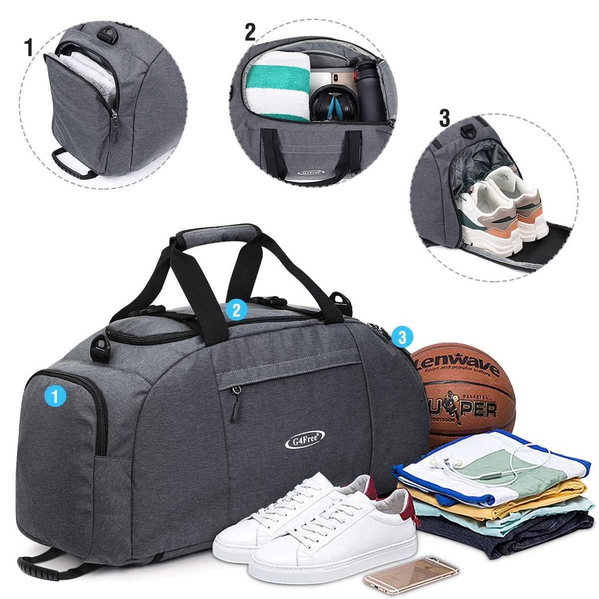 G4Free G4Free 40L 3-Way Duffle Bag Backpack Gym Bag 